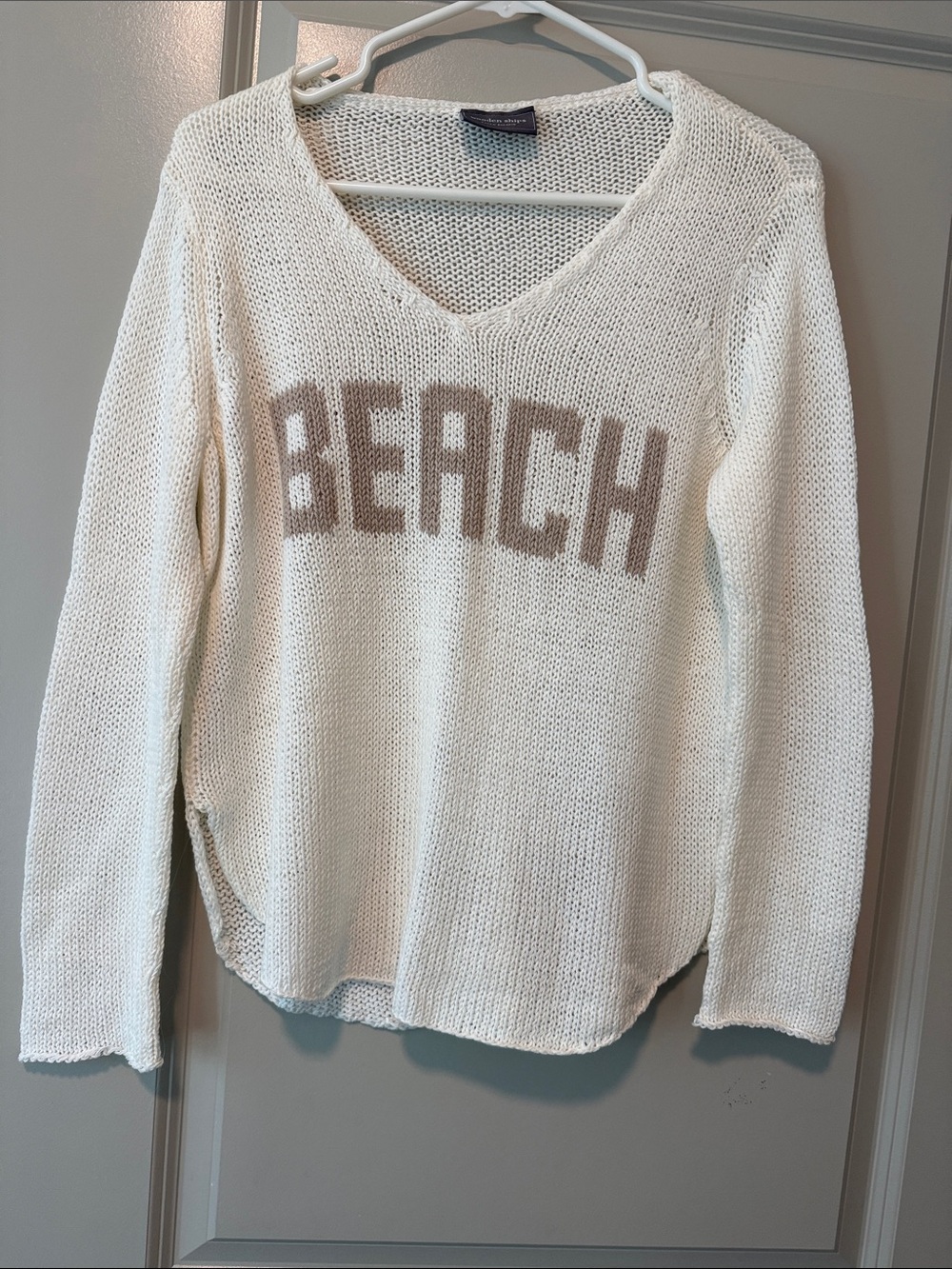 Wooden Ships Cream V-Neck 'BEACH' Knit Sweater with Tan Lettering